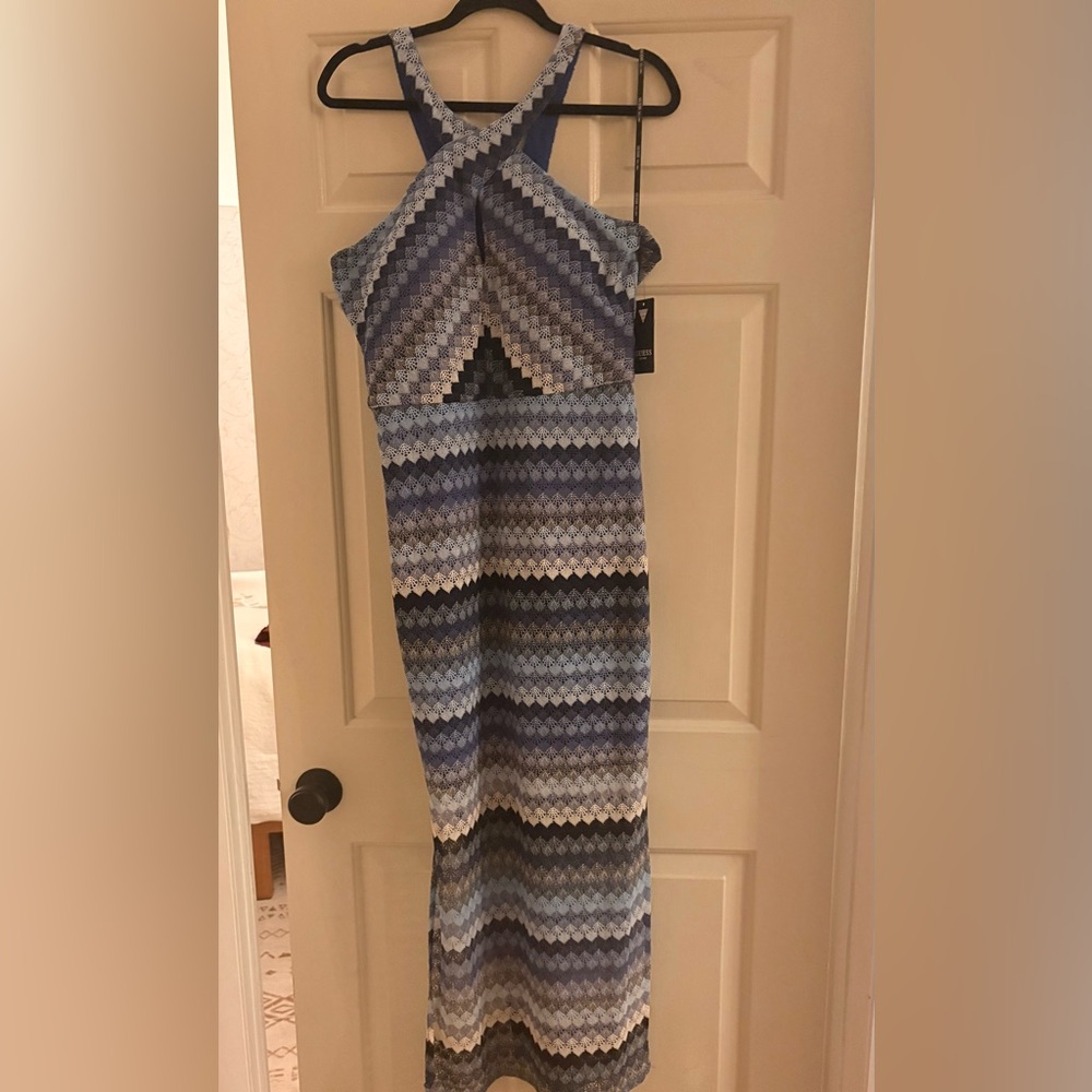 Guess Blue & Navy Chevron Lace Maxi Dress